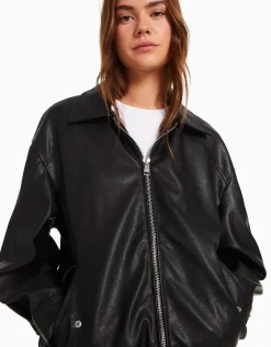 BERSHKA Blouson dad fit similicuir Noir Fashion