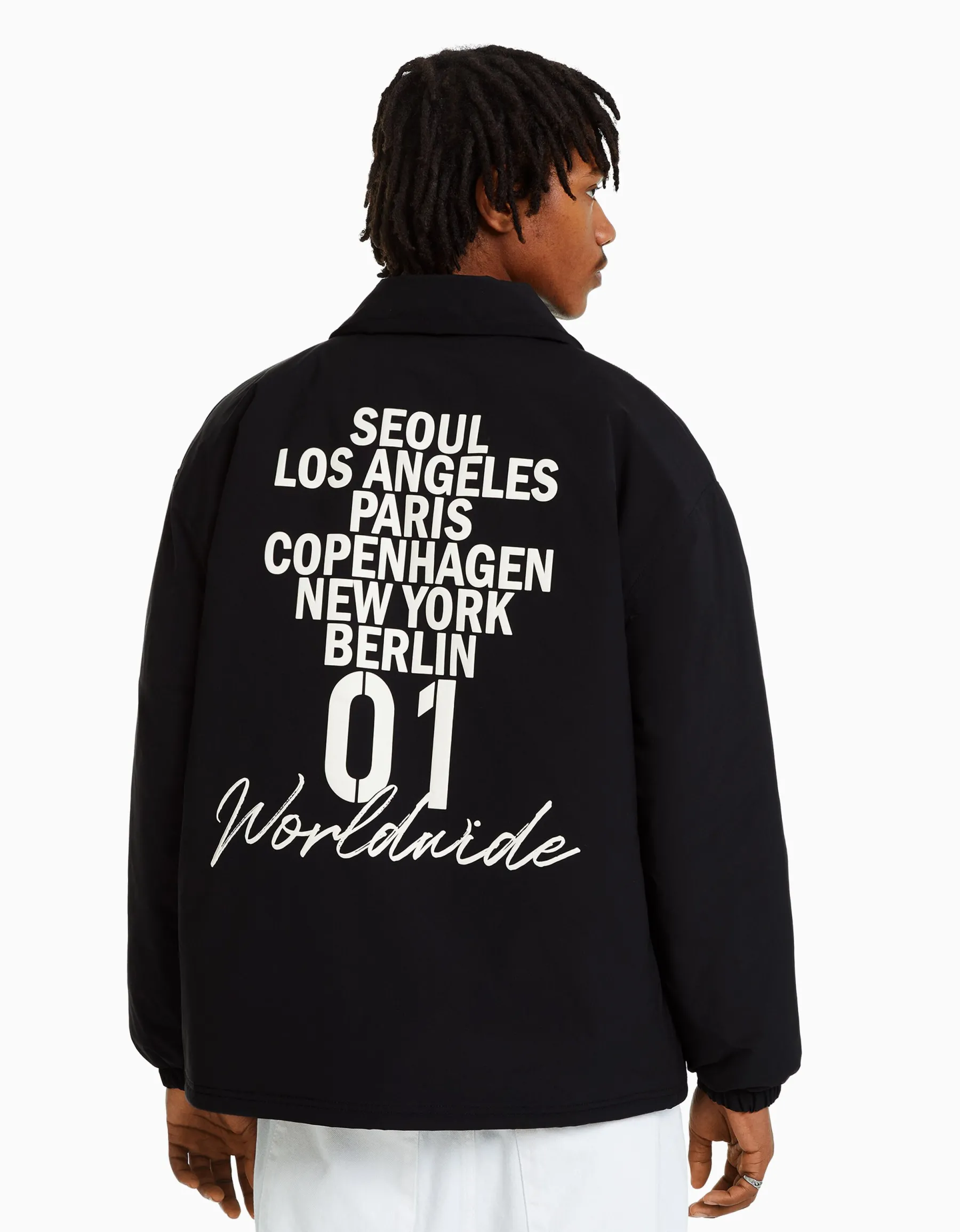 BERSHKA Blouson imprimé dos Noir Hot
