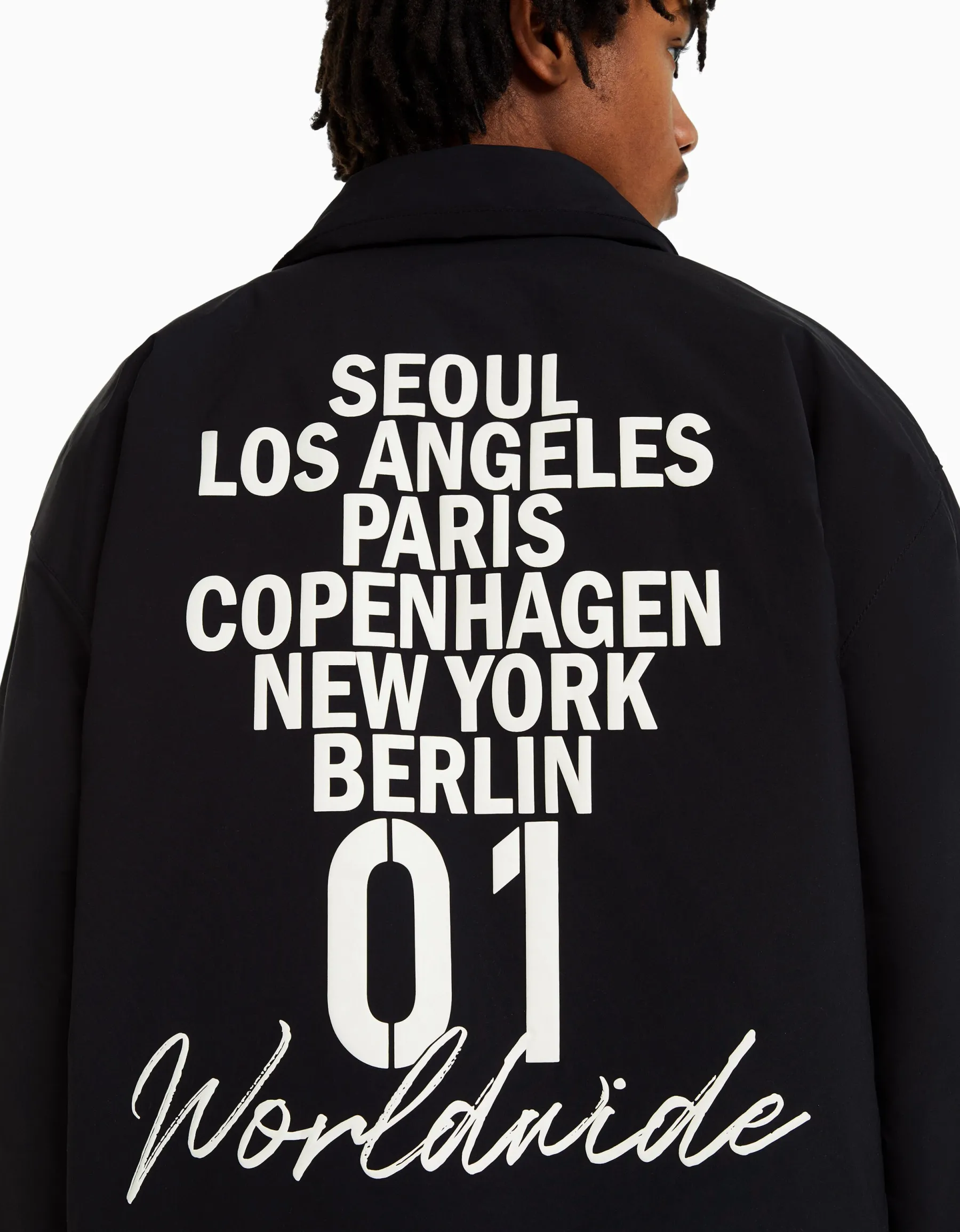 BERSHKA Blouson imprimé dos Noir Hot