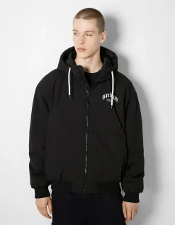BERSHKA Blouson matelassé capuche imprimé Bleu Fashion