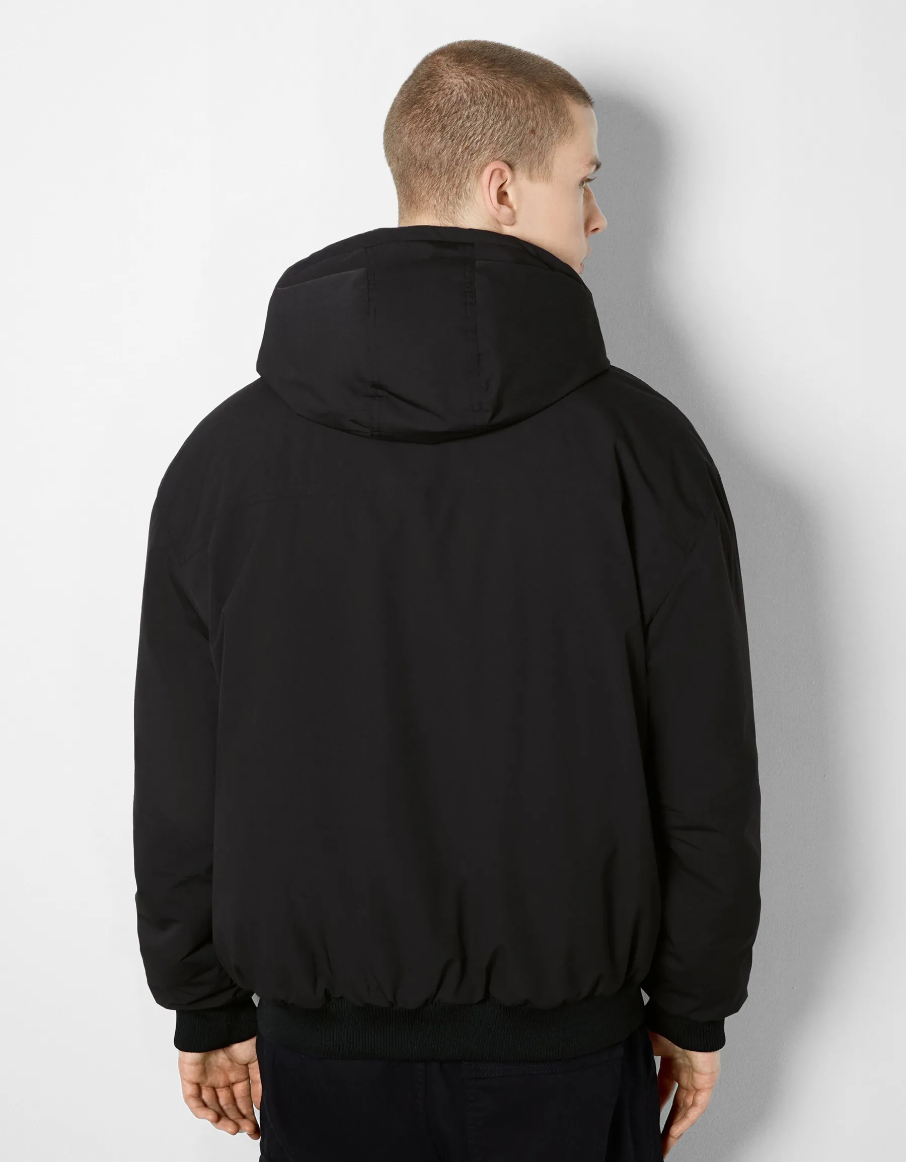 BERSHKA Blouson matelassé capuche imprimé Bleu Fashion