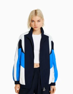 BERSHKA Blouson oversize effet nylon color block Bleu Hot