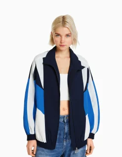 BERSHKA Blouson oversize effet nylon color block Bleu Outlet