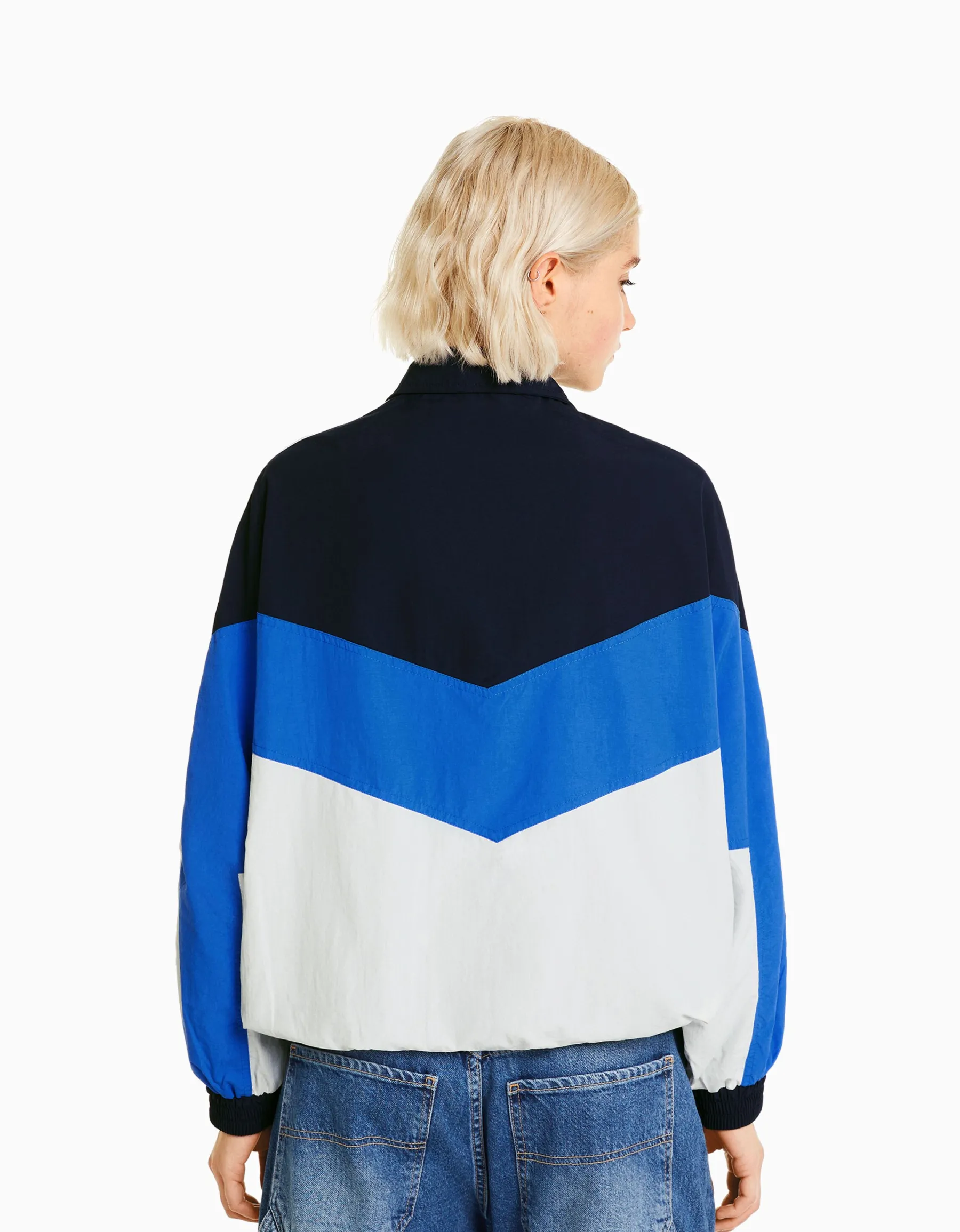 BERSHKA Blouson oversize effet nylon color block Bleu Outlet