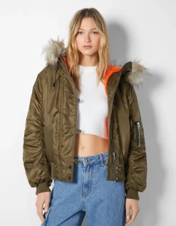 BERSHKA Blouson parka court capuche fausse fourrure Kaki Flash Sale