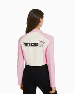 BERSHKA Blouson racing cropped similicuir Rose Online