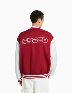 BERSHKA Blouson racing effet nylon Rouge Discount