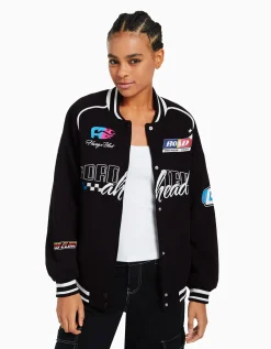 BERSHKA Blouson racing molleton Noir Fashion