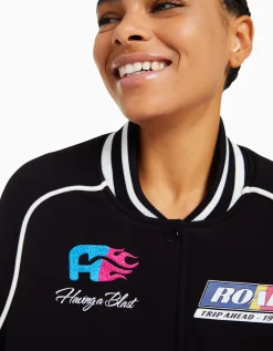 BERSHKA Blouson racing molleton Noir Fashion