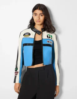 BERSHKA Blouson racing similicuir Bleu New