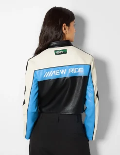 BERSHKA Blouson racing similicuir Bleu New