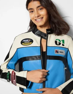 BERSHKA Blouson racing similicuir Bleu New