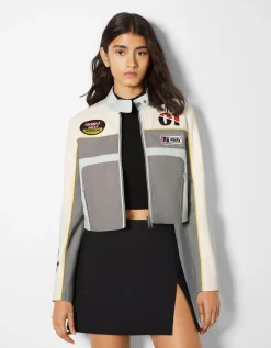 BERSHKA Blouson racing similicuir Bleu Fashion