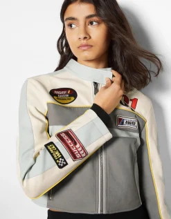 BERSHKA Blouson racing similicuir Bleu Fashion