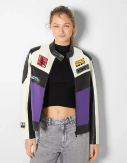 BERSHKA Blouson racing similicuir Violet Sale