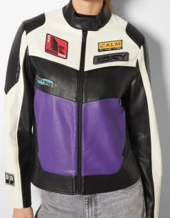 BERSHKA Blouson racing similicuir Violet Sale