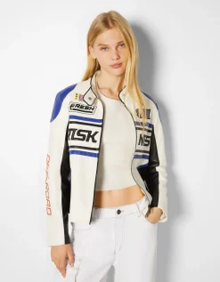 BERSHKA Blouson racing similicuir Bleu Best Sale