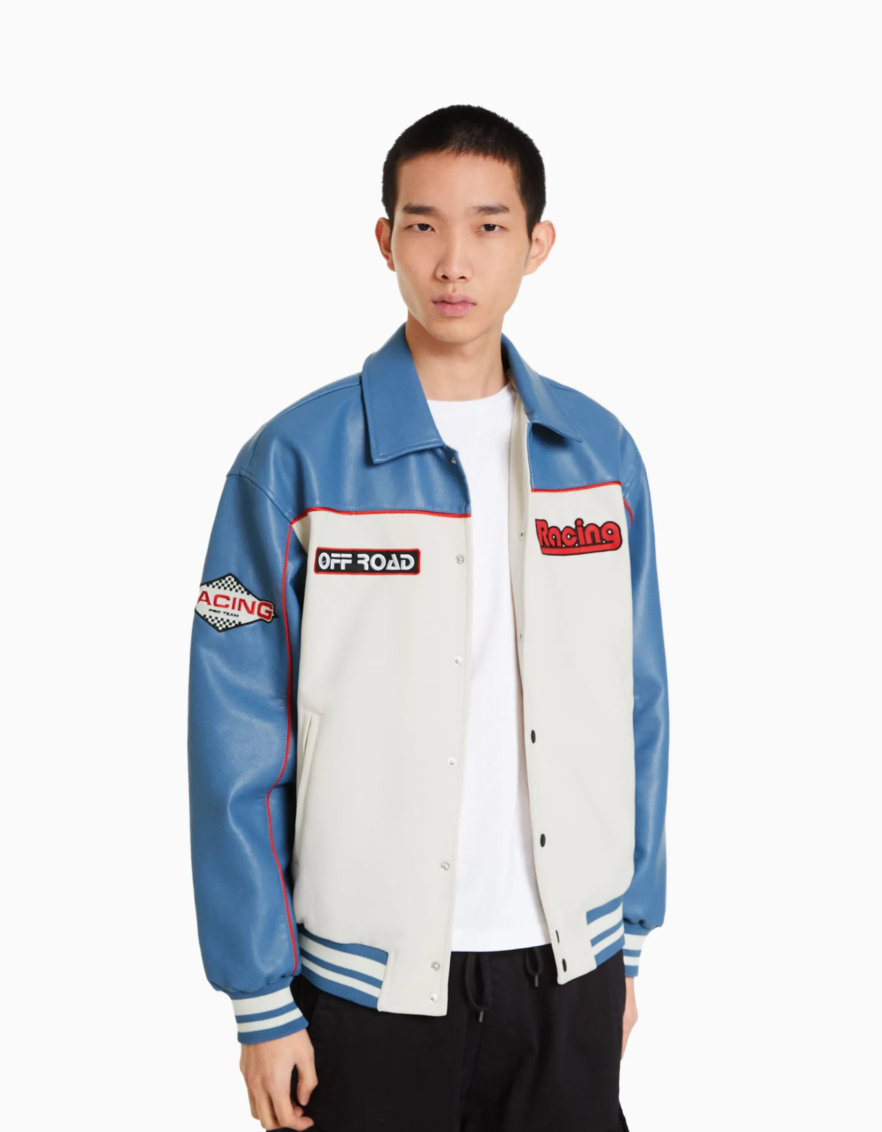 BERSHKA Blouson racing suédine et similicuir Bleu Cheap