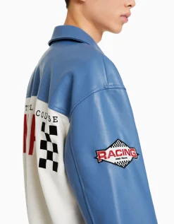 BERSHKA Blouson racing suédine et similicuir Bleu Cheap