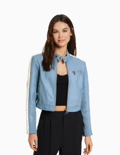 BERSHKA Blouson similicuir effet usé bande latérale Bleu clair Best Sale