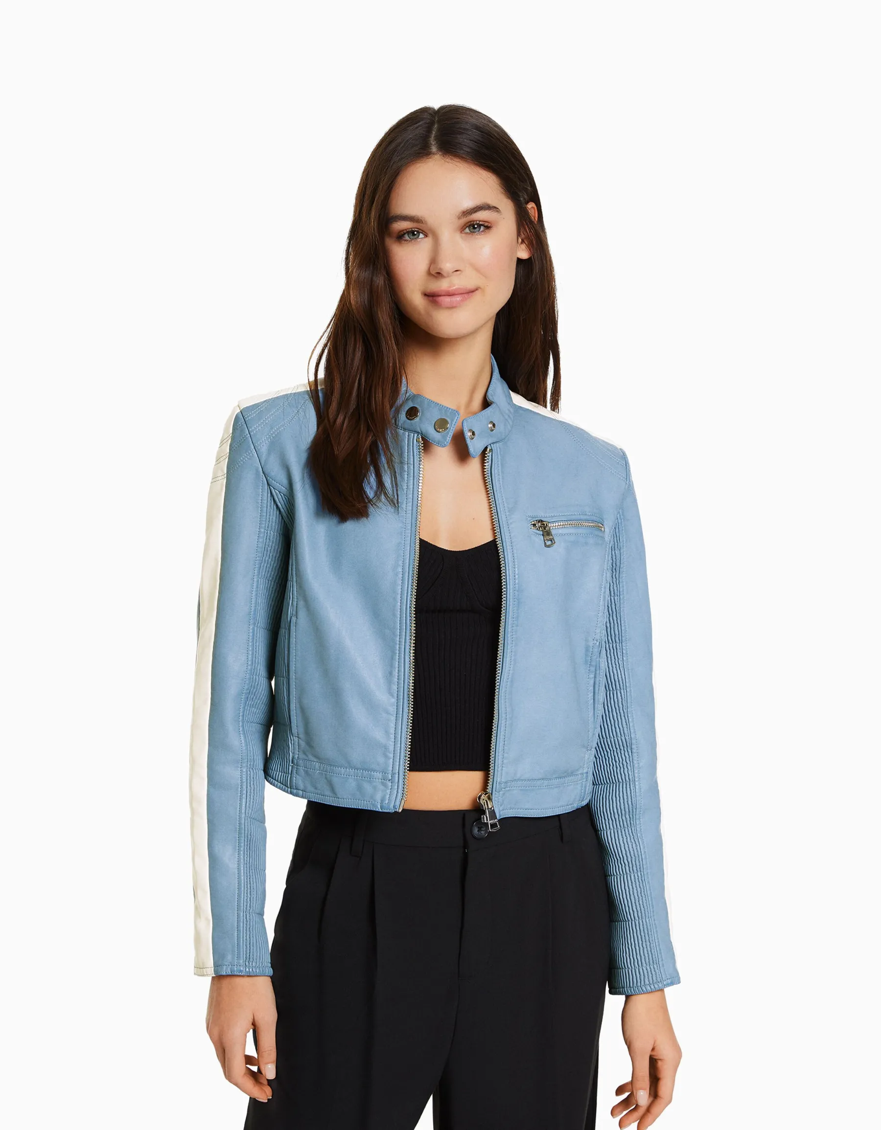 BERSHKA Blouson similicuir effet usé bande latérale Bleu clair Best Sale