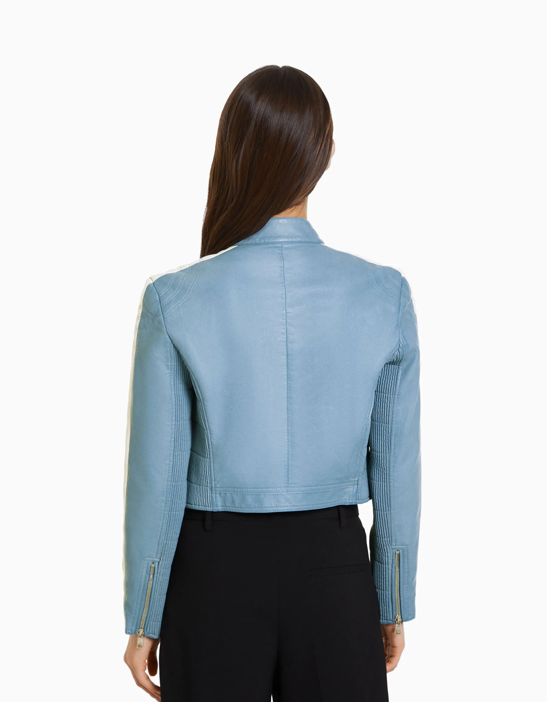 BERSHKA Blouson similicuir effet usé bande latérale Bleu clair Best Sale