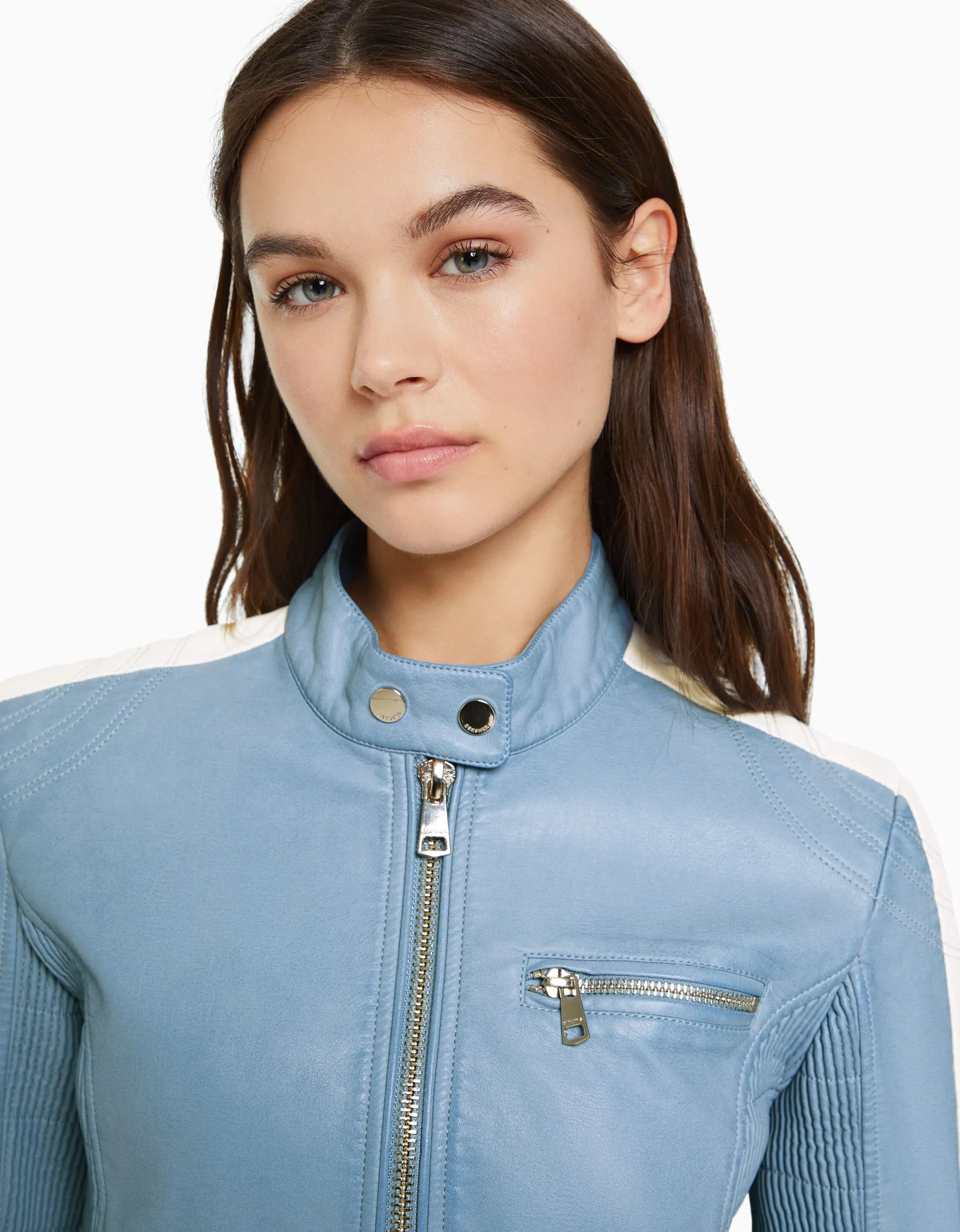 BERSHKA Blouson similicuir effet usé bande latérale Bleu clair Best Sale