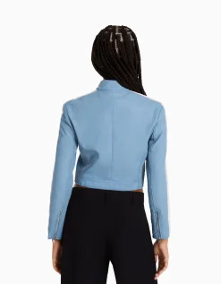 BERSHKA Blouson similicuir effet usé bande latérale Bleu clair Hot