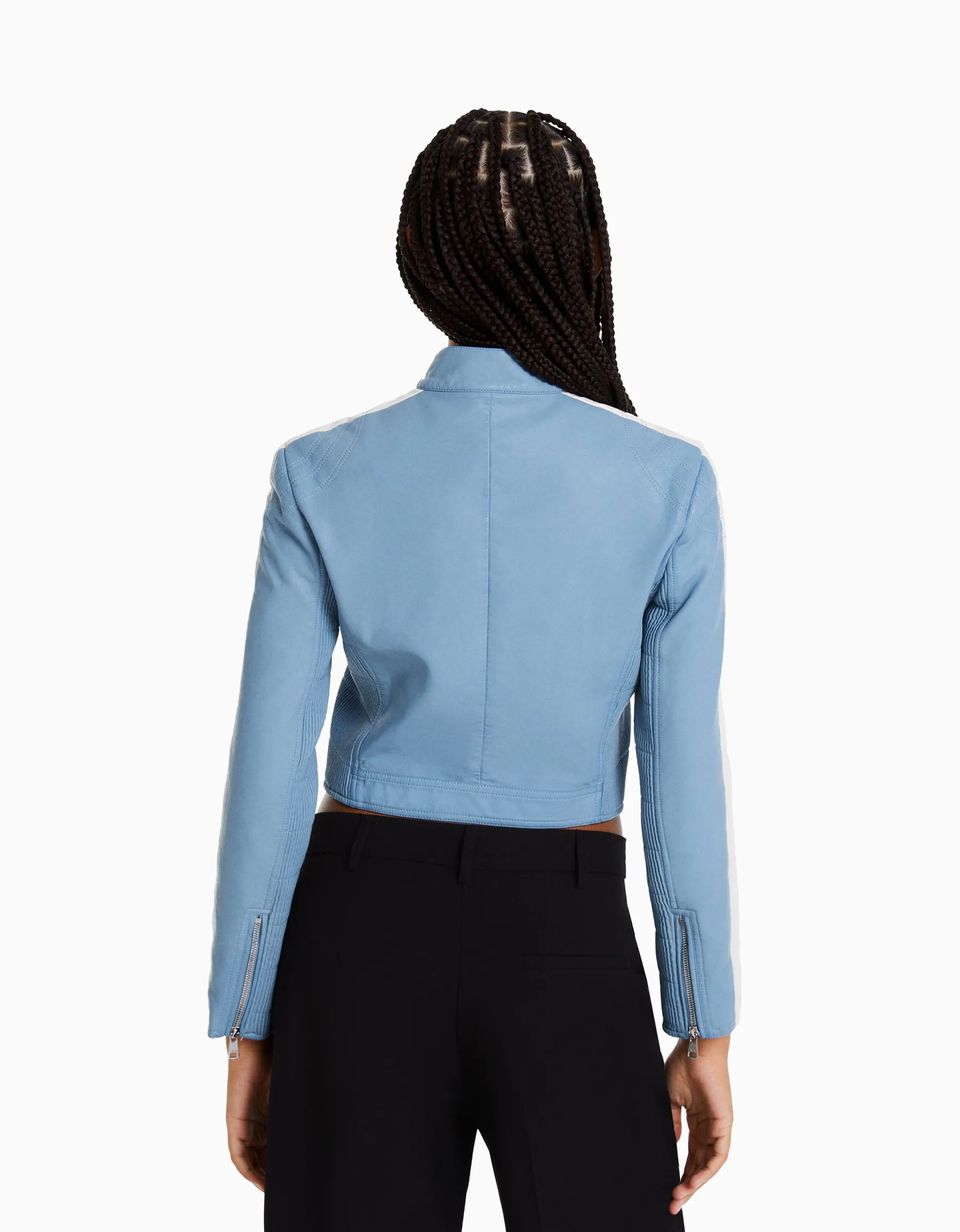 BERSHKA Blouson similicuir effet usé bande latérale Bleu clair Hot