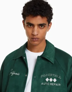 BERSHKA Blouson suédine brodé Vert Best