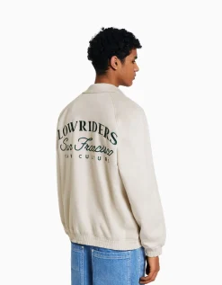 BERSHKA Blouson suédine brodé Camel Clearance