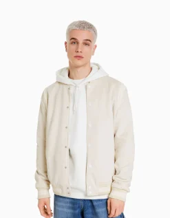 BERSHKA Blouson suédine et similicuir Écru Store