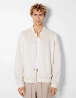 BERSHKA Blouson suédine et similicuir Écru Fashion