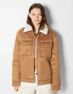 BERSHKA Blouson trucker suédine doublure Camel Clearance