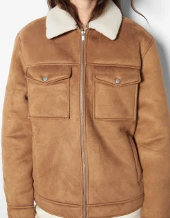 BERSHKA Blouson trucker suédine doublure Camel Clearance