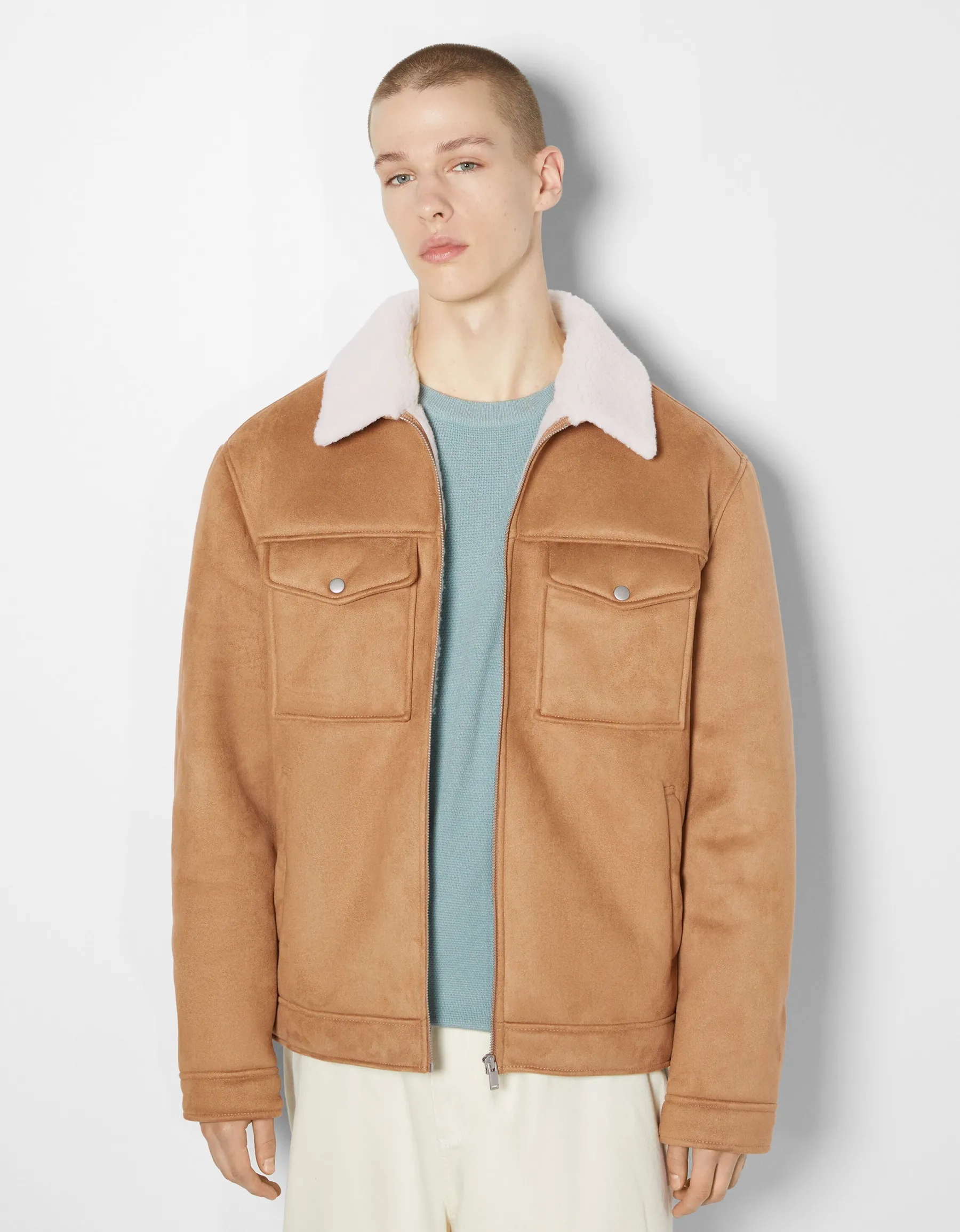 BERSHKA Blouson trucker suédine doublure Camel Discount