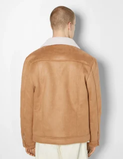 BERSHKA Blouson trucker suédine doublure Camel Discount