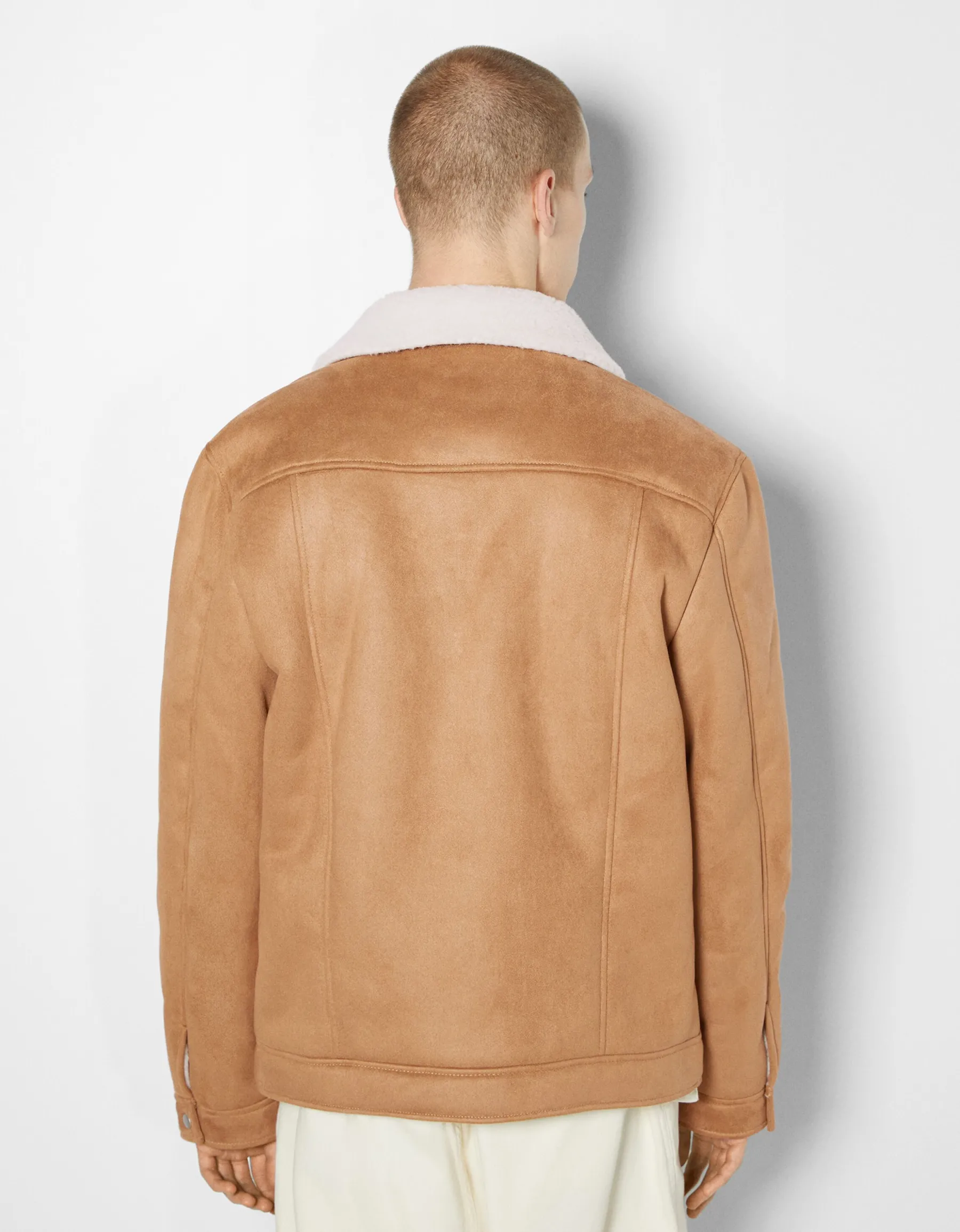 BERSHKA Blouson trucker suédine doublure Camel Discount