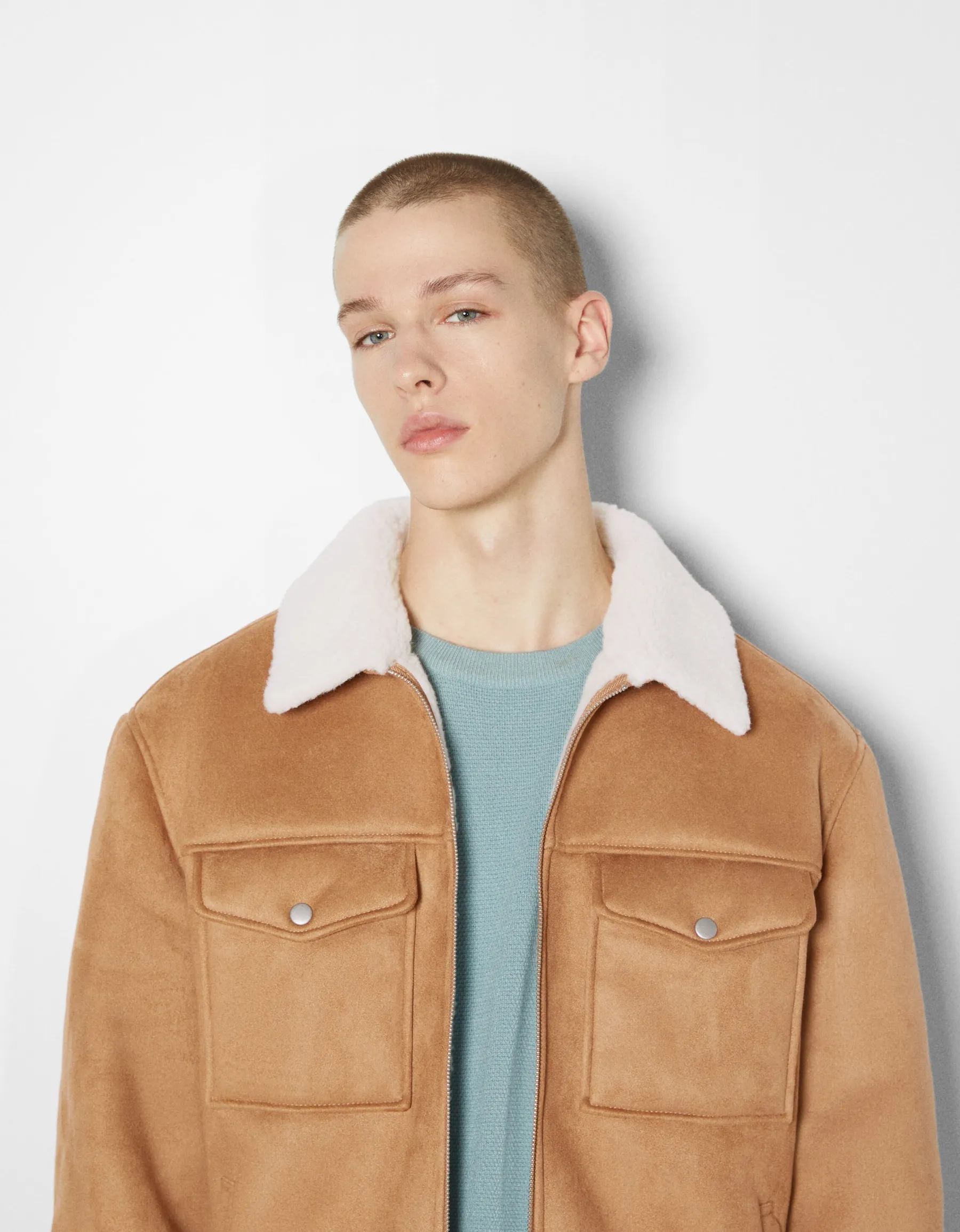 BERSHKA Blouson trucker suédine doublure Camel Discount