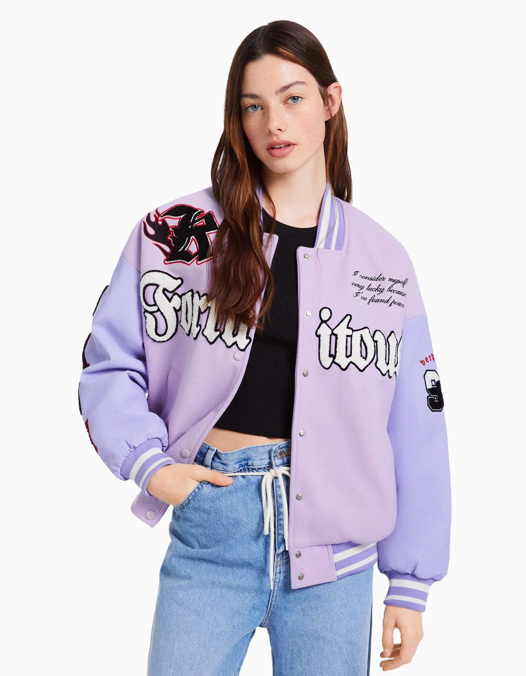 BERSHKA Blouson varsity Violet Clearance