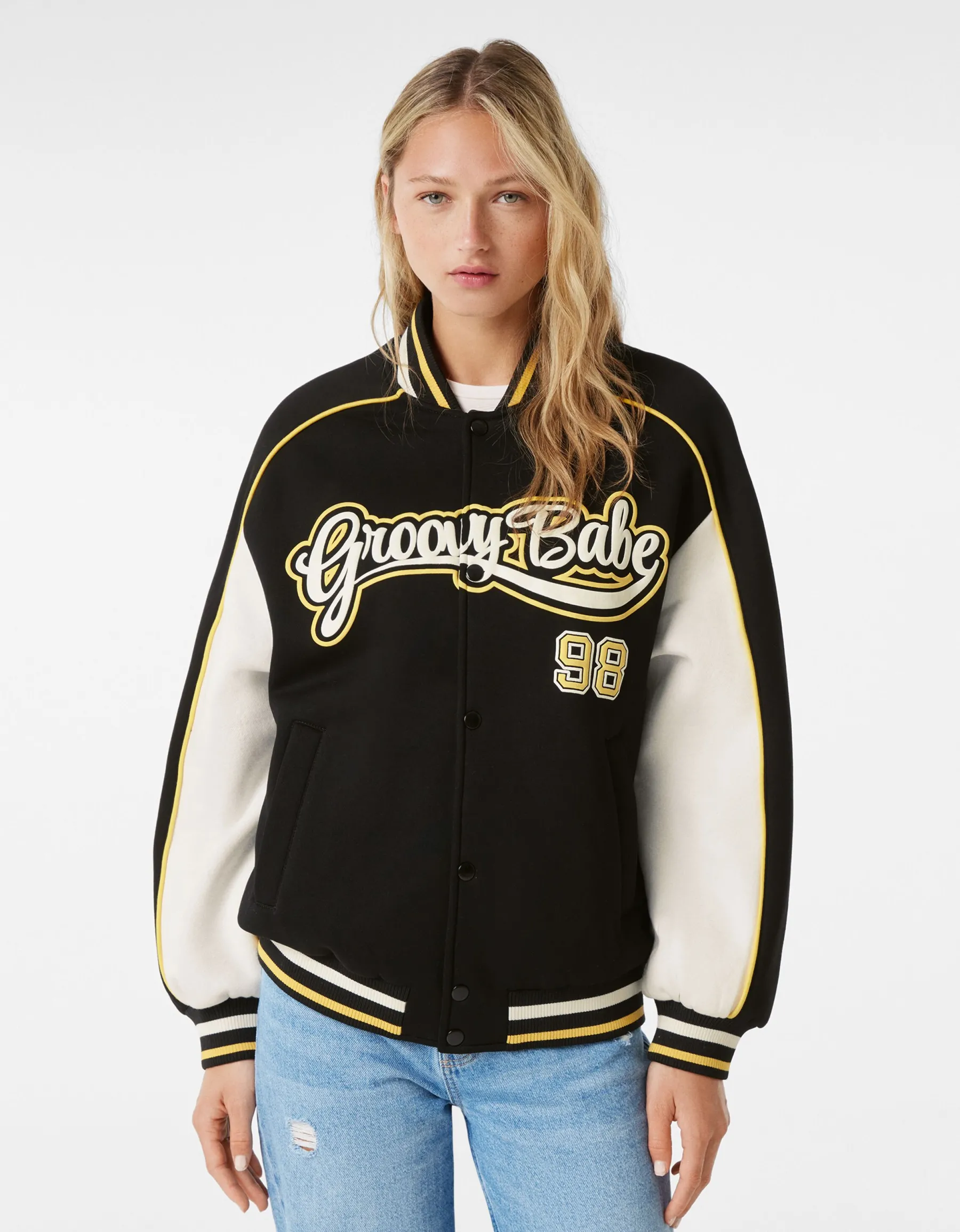 BERSHKA Blouson varsity Noir Discount