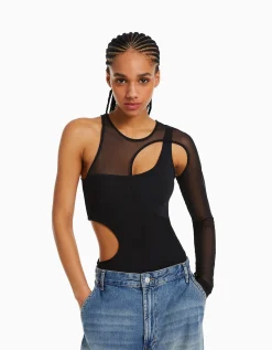 BERSHKA Body manches longues asymétrique tulle Gris Best