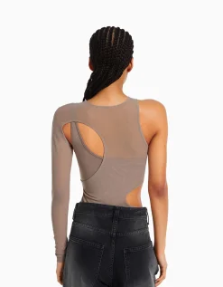 BERSHKA Body manches longues asymétrique tulle Gris Sale