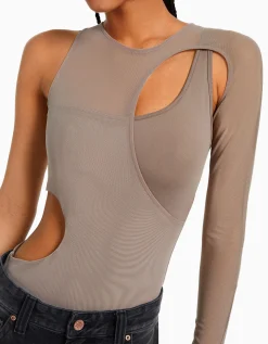 BERSHKA Body manches longues asymétrique tulle Gris Sale