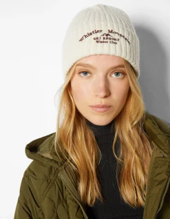 BERSHKA Bonnet brodé bord-côte Écru New
