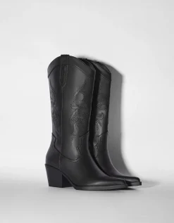 BERSHKA Bottes à talon style cowboy Noir Outlet