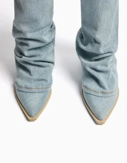 BERSHKA Bottes cowboy denim talon Bleu lavé Store