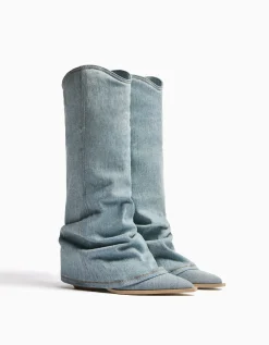 BERSHKA Bottes cowboy denim talon Bleu lavé New