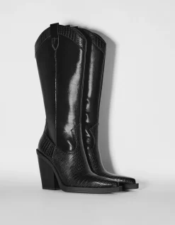 BERSHKA Bottes talon cowboy Noir Discount