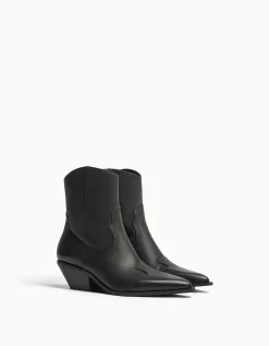 BERSHKA Bottines cowboy à talon CUIR Sable Cheap